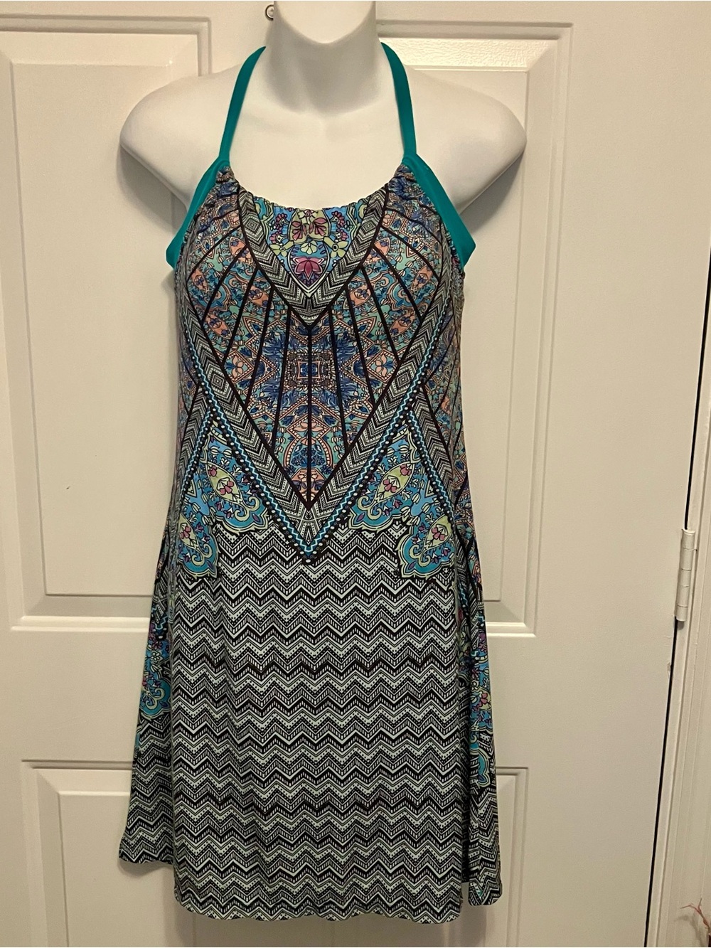 Prana Sz Small Teal Green Black Printed Halter Summer Athletic Dress Padded Bra